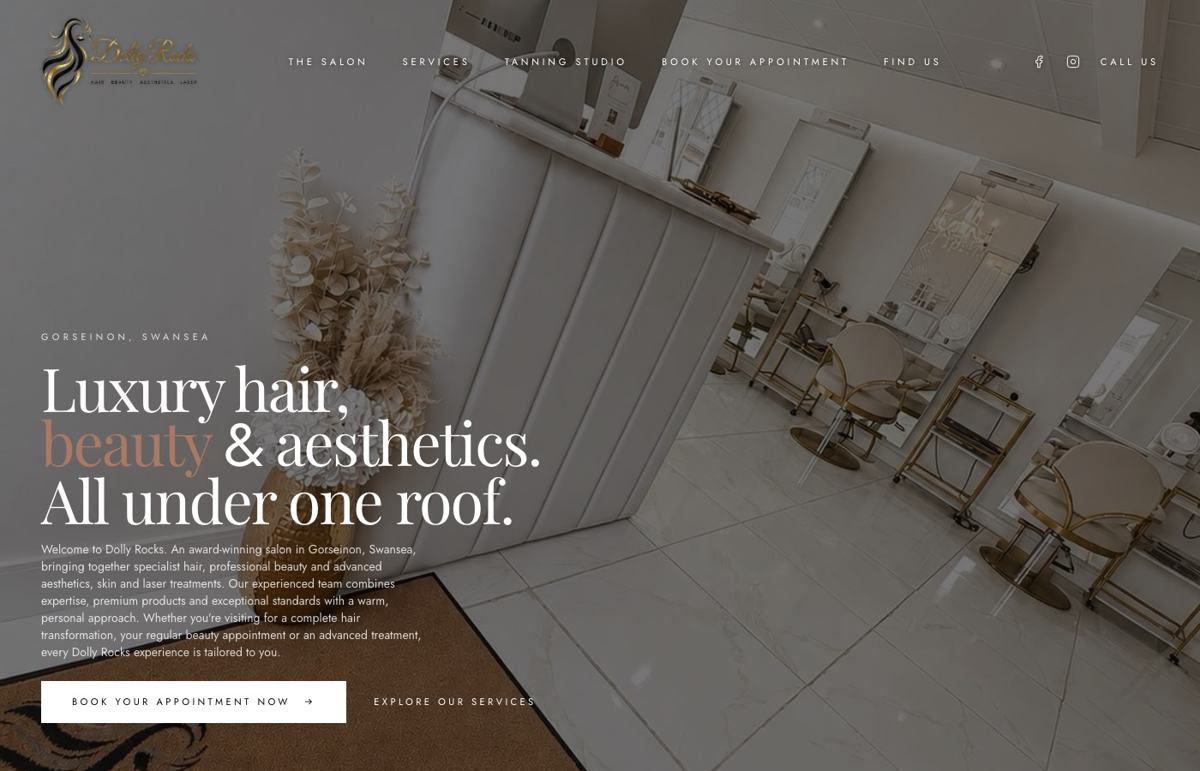 Dolly Rocks Studio website homepage: luxury hair, beauty and aesthetics salon in Swansea, website design by Wales Web Design