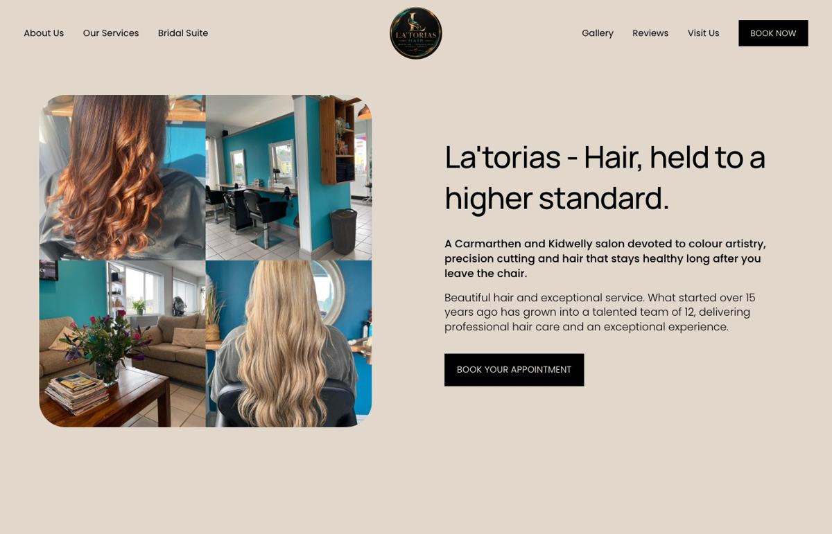 La'torias Hair website homepage: hair salon with bridal suite and online booking in Carmarthen, website design by Wales Web Design
