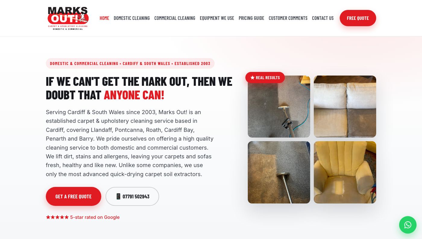 Marks Out! carpet and upholstery cleaning website homepage