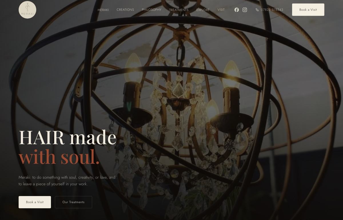 Meraki Bespoke Hair website homepage: editorial hair salon website in Swansea, website design by Wales Web Design