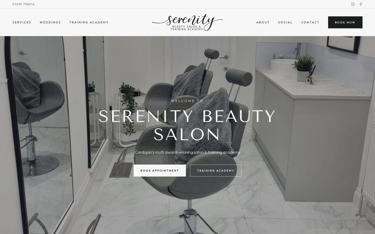 Serenity Beauty Salon website homepage: beauty salon and training academy in Cardigan with online booking, website design by Wales Web Design